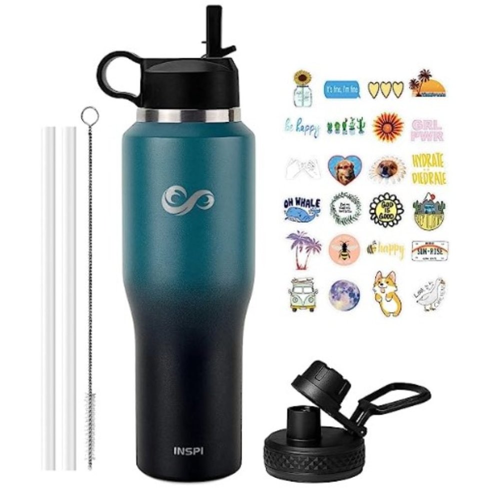 Large Stainless Steel Water Bottle - Leak Proof w/ 2 Lids